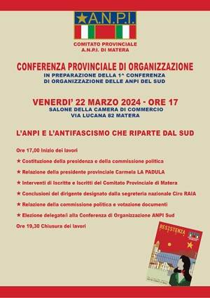 Domani la Conferenza provinciale di Organizzazione dell’A.N.P.I. di Matera