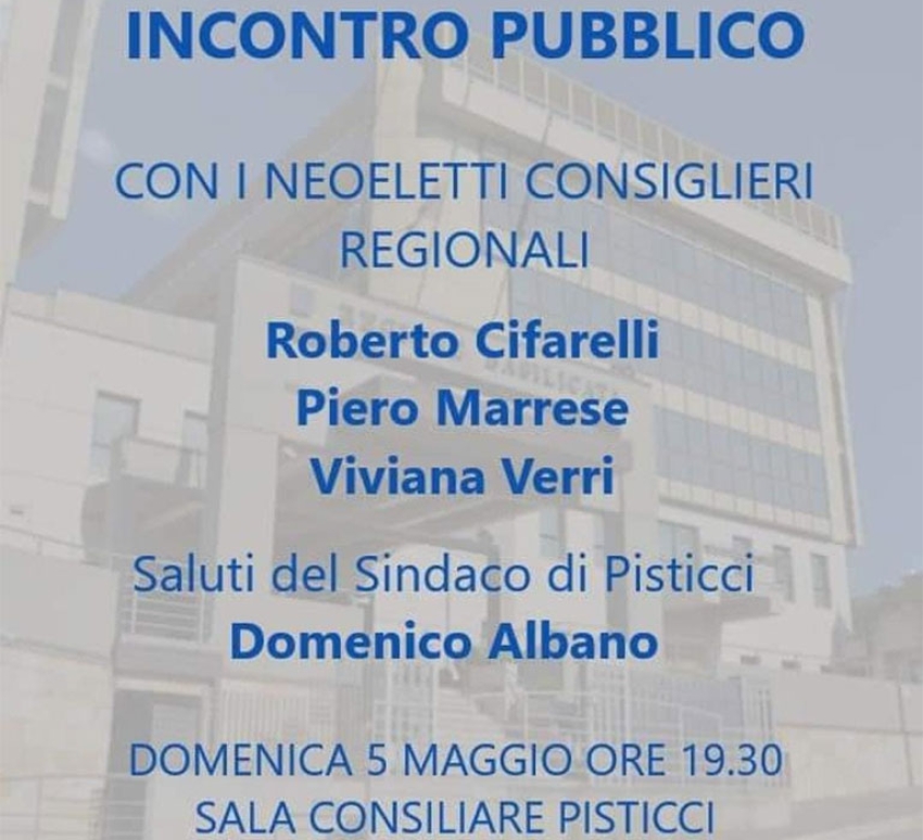 A Pisticci, pubblico incontro con i consiglieri regionali Verri, Marrese e Cifarelli