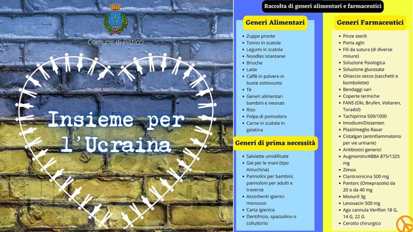 A Pisticci e Marconia organizzata per domani una raccolta da destinare alla popolazione dell’Ucraina