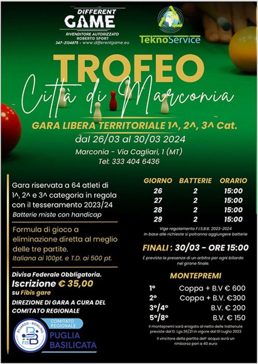 Iniziato a Marconia il torneo di biliardo “Trofeo Città di Marconia&quot;