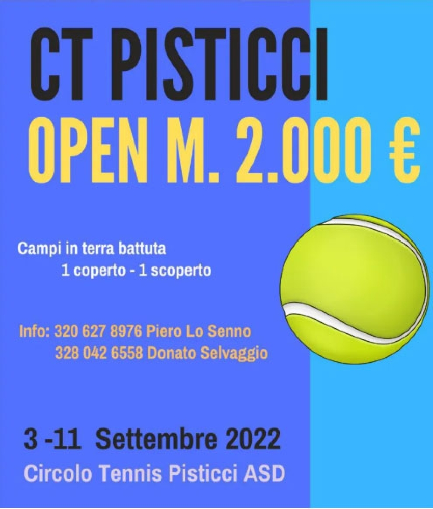 Dal 3 settembre il Circolo Tennis Pisticci organizza il Torneo Open di Tennis