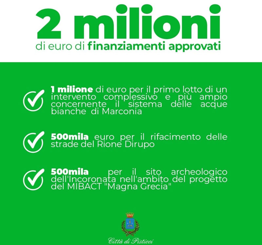 Pisticci: approvati e finanziati 3 progetti per un valore di 2 milioni di euro
