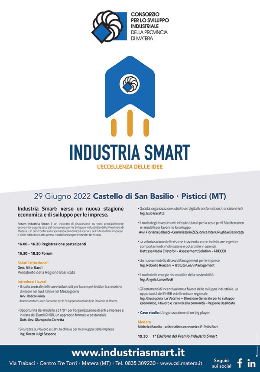 Al Castello di San Basilio “Industria Smart”, un forum organizzato dal Consorzio di Sviluppo Matera