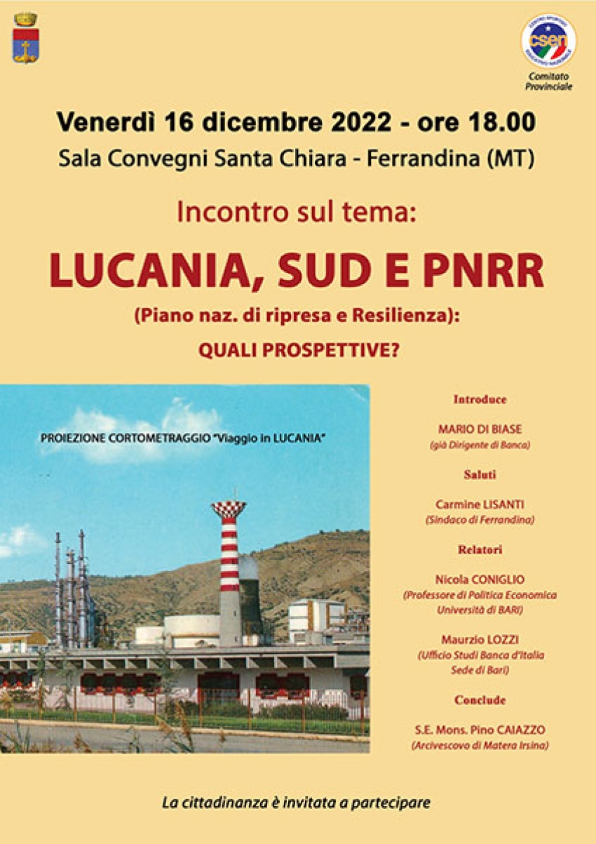 Lucania, Sud e PNRR: se ne parlerà in un convegno a Ferrandina