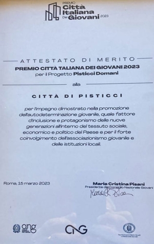 Premio Città dei Giovani 2023: Pisticci seconda con attestato di merito. C&#039;est ne pas qu&#039;en debut!