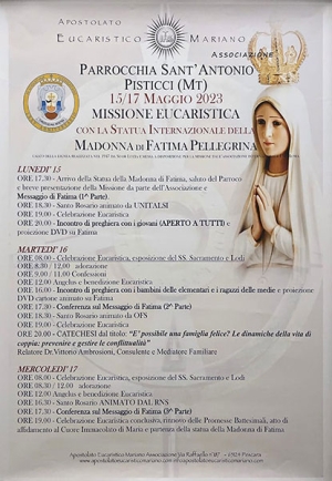 Pisticci 3 giorni con la Madonna di Fatima Pellegrina. Il programma